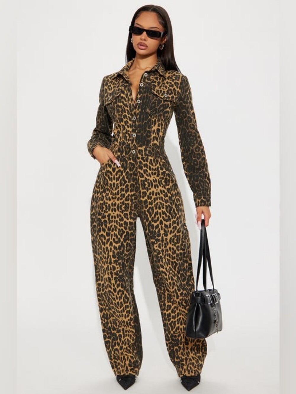 Fashion Nova Leopard Print Long-Sleeve Jumpsuit in Brown